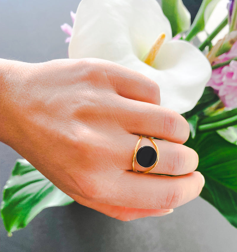 Bague Ange plaqué or et Onyx artisanale